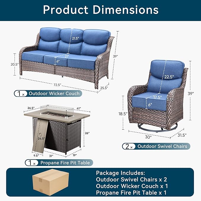 Luxury High Back Outdoor Furniture 6-Inch Thick Cushions with 50,000 BTU Gas Propane Fire Pit Tablet, Patio Furniture Set with Swivel Chairs, for Porch, Balcony, Deck and Yard
