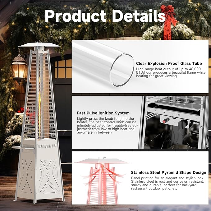 Stainless Steel 42000 BTU Outdoor Patio Gas Heater, Flame Glass Tube Fire Tower with Wheels & Beverage Rack, Safe Portable Heater for Patio Use