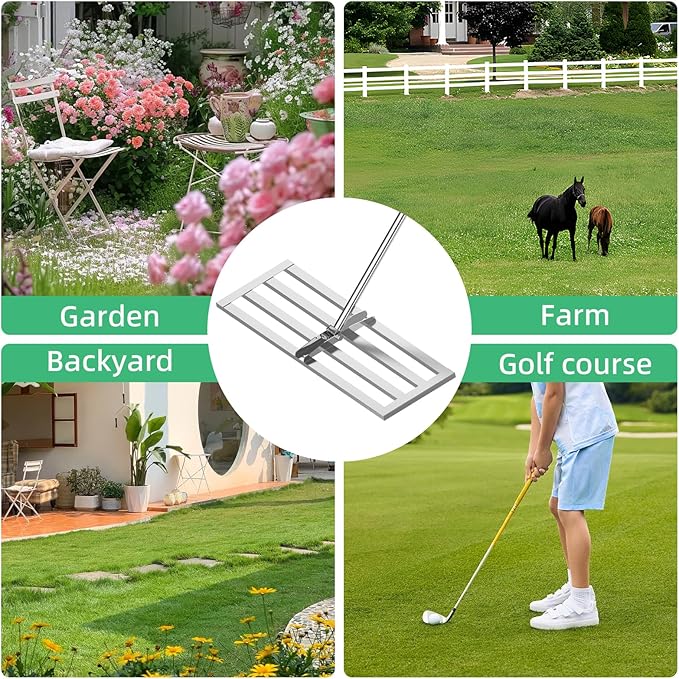 Lawn Leveling Rake 30"x10", Heavy-Duty Stainless Steel Yard Leveling Rake, Professional Soil Leveling Tool for Pastures, Golf Lawns, Gardens, Yards (Silver)