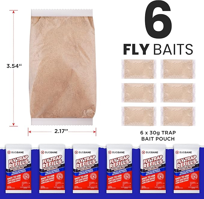 Fly Bait Fly Trap Refill Packets 6x1oz. Non Toxic Dissolvable Granules Work with All Reusable Flies Traps Outdoors Attractant. Flies Trap Bait Magnet Ranch Flytrap Outdoors. Cebo para Moscas