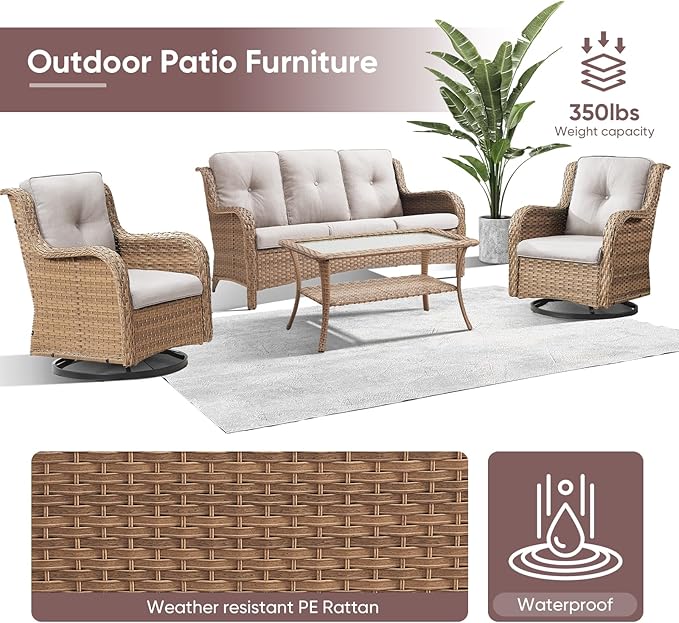 4 Piece Patio Furniture-All-Weather PE Wicker Outdoor Patio Furniture with Swivel Rocker Chairs,Outdoor Couch, Set with Coffee Table
