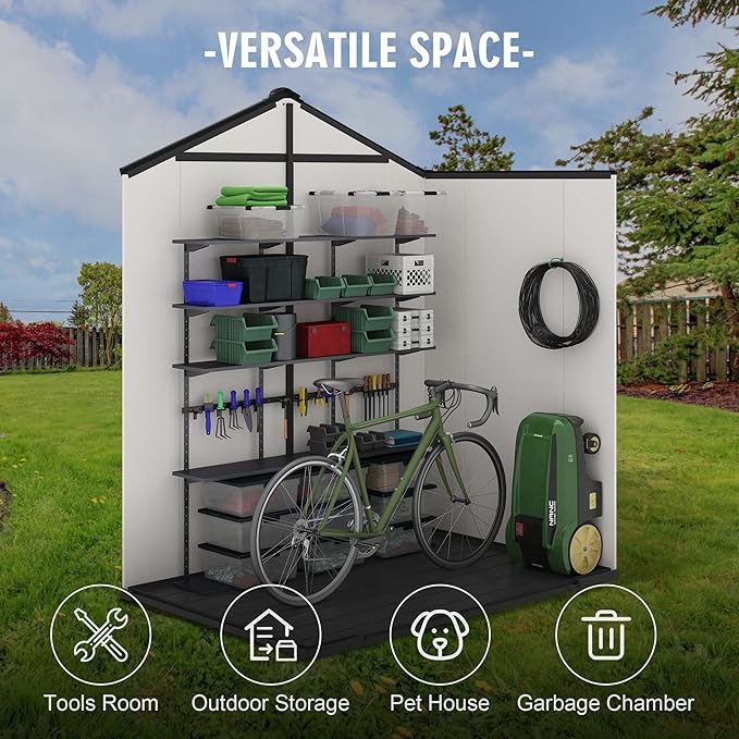 6' x 4' Outdoor Resin Storage Shed with Floor,Galvanized Metal Waterproof Garden Shed with Lockable Door, Windows, Vents, Plastic Tool, Bike Storage for Patio Furniture, Lawn Mower