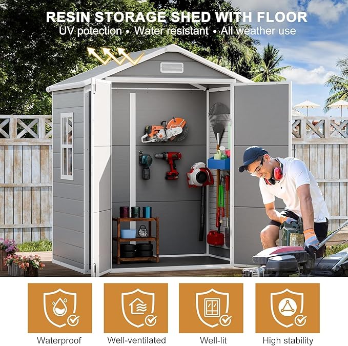 Resin Storage Shed 6 x 3 FT: Outdoor Resin Sheds with Floor, Plastic Waterproof Patio Outdoor Storage Shed with Lockable Door & Windows,Tool Sshed Storage for Garden Backyard Patio Lawn, Brown