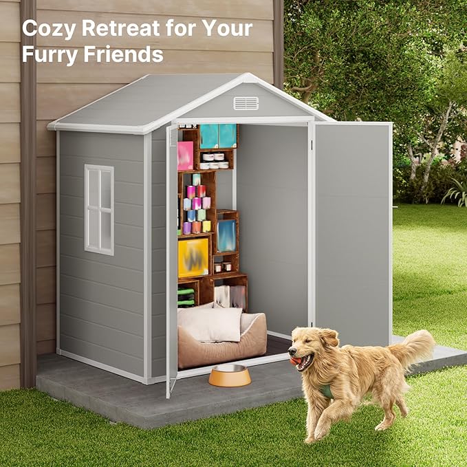 Gizoon 6x4.4 FT Resin Storage Shed Outdoor, Resin Shed with Floor, Garden Shed Weather Resistant Plastic Tool Shed with Lockable Door for Backyard, Garden, Patio, Lawn, Grey