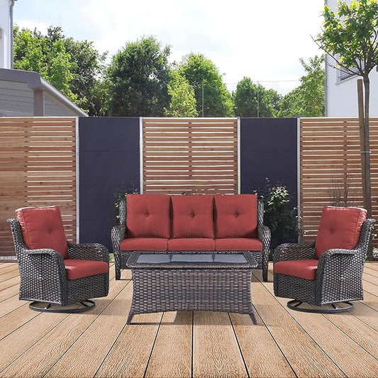 4 Piece Patio Furniture-All-Weather PE Wicker Outdoor Patio Furniture with Swivel Rocker Chairs,Outdoor Couch, Set with Coffee Table-Brown/Red