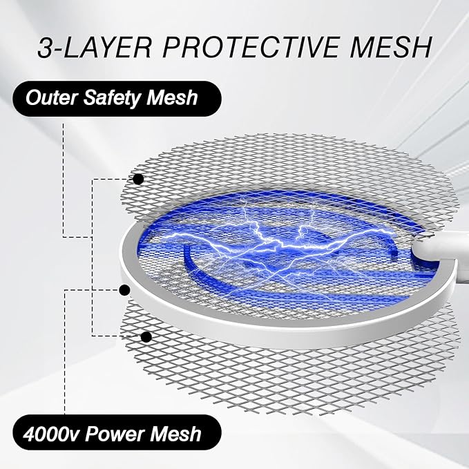 Bug Zapper Racket, 2 in 1 Electric Fly Zapper USB Rechargeable, 4000V Electric Fly Swatter with 3 Layer Safety Mesh, Indoor Outdoor Electric Racket for Kitchen, Bedroom, Camping