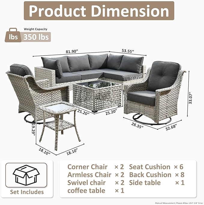 HOOOWOOO Outdoor Patio Furniture Set,8 Pieces Wicker Out Door Sectional Furniture L Shaped Couch,Patio Conversation Sets with Swivel Rocking Chair LED Table,Denim Blue