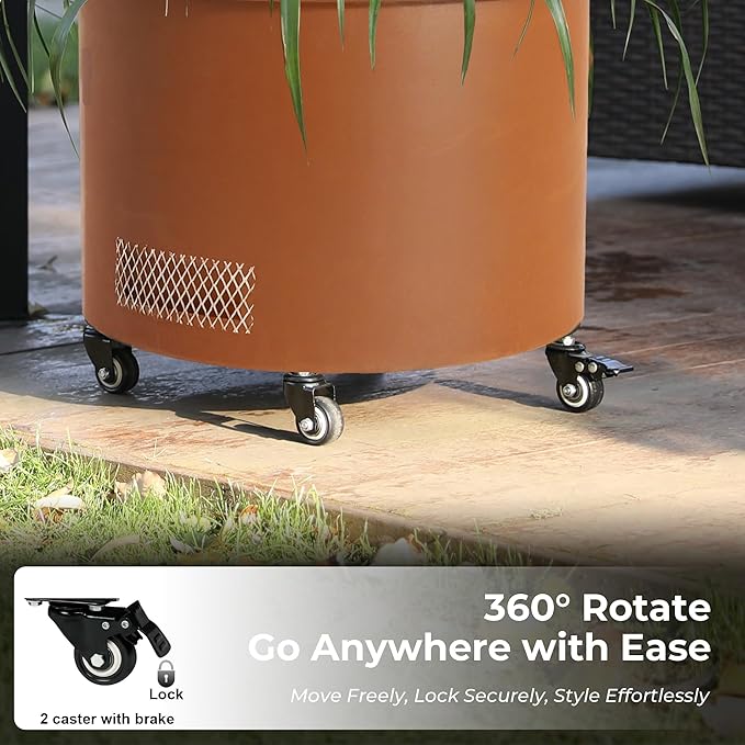 Corten Steel Planter Box with Trellis, 17” Round Patio Gardening Kit (45" Height) - Wheeled Metal Raised Bed for Tomatoes/Vines, Built-in Drainage & Weatherproof Cover