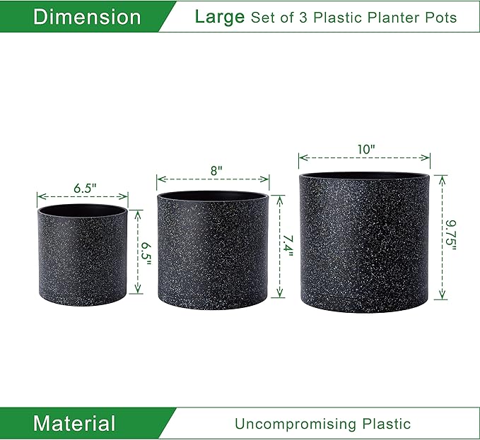 D'vine Dev 6.5 Inch 8 Inch 10 Inch, Set of 3 Plastic Planter Pots for Plants with Drainage Hole and Seamless Saucers, Speckled Black Color, Large, 74-V-F-4