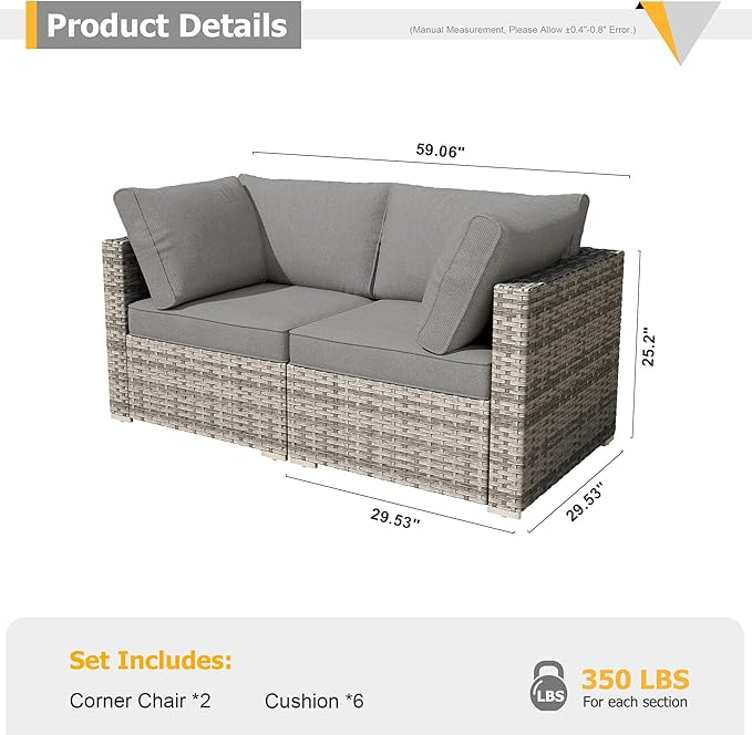 HOOOWOOO Patio Sectional Furniture Set,2 Piece Couch Set with 2 Matching Corner Chairs(Charcoal Gray)