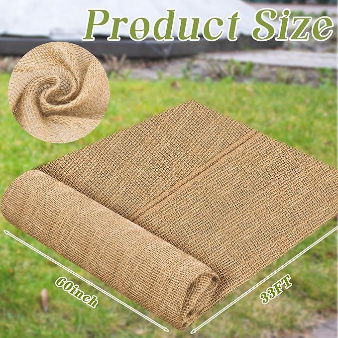 Buryeah 60 Inch x 33 ft Burlap Fabrics Roll Natural Jute Burlap Tree Wraps Protector Winter Frost Plant Blankets Cloth Weed Barrier Fabric Garden Plants for Winter Outdoor Trees Shrubs Party
