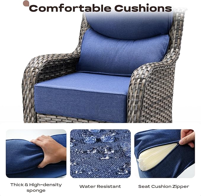 Outdoor Patio Swivel Rocker Chairs Set of 2, Waterproof Wicker, High Back, Deep Seating, Wide Armrest, Upgraded 6 inch Thick Cushions, Side Table, Ideal for Deck Porch Yard, Mixed Grey-Blue