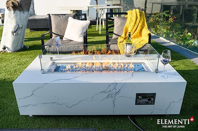 Elementi+ | Bundle Carrara Gas Fire Pit | Marble Porcelain & Metal Frame | 60" Rectangular Fire Table | Electronic Ignition | Canvas Cover, Fire Glass & Burner Lid Included | White | Propane Gas