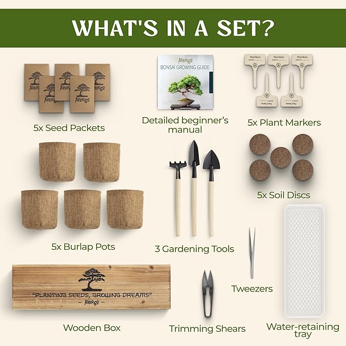 Bonsai Tree Kit for Beginners – 5X Unique Japanese Bonzai Trees | Complete Indoor Starter Kit for Growing Plants with Bonsai Seeds, Tools & Planters – Gardening Gifts for Women & Men