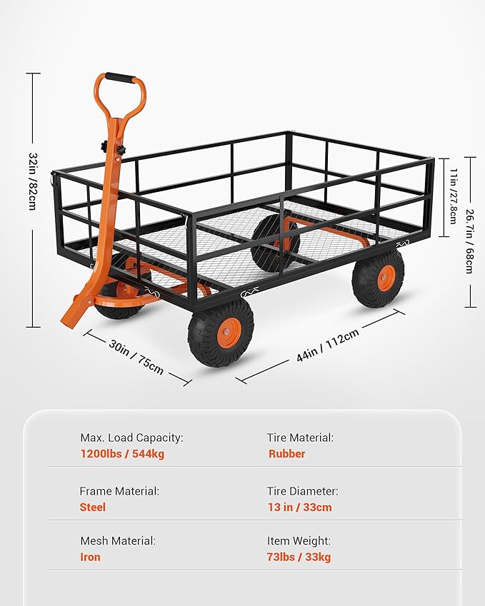 Heavy Duty Steel Garden Cart, 1200 LBS Capacity 3 in 1 Pullable Garden Wagon with 13" Wheels, for Gardening Soil, Tools, and Plant Transport