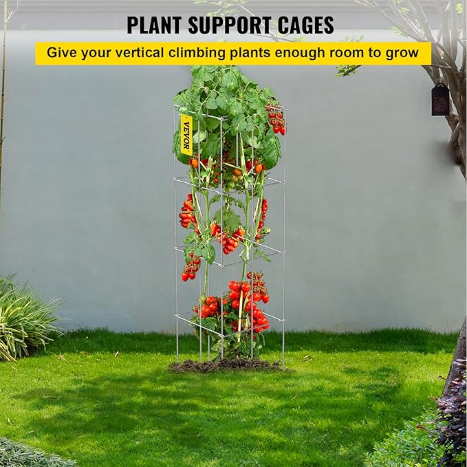 VEVOR Tomato Cages, 11.8" x 11.8" x 46.1", 10 Packs Square Plant Support Cages, Silver PVC-Coated Steel Tomato Towers for Climbing Vegetables, Plants, Flowers, Fruits