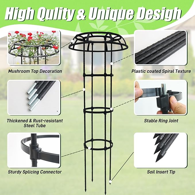 Garden Trellis for Climbing Plants, 2 Pack 65 Inch Mushroom Top Trellis for Climbing Plants, Plant Trellis Support for Potted Plants Climbing Vine Rose Clematis Vegetable Outdoor Indoor
