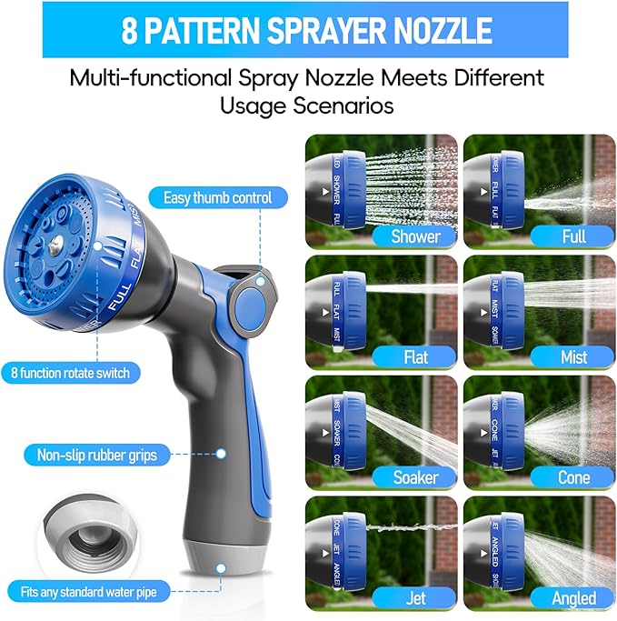 Garden Hose 25ft, 3-Layer Flexible Water Hose with 8 Pattern Spray Nozzle, Non-Expanding & Lightweight Stainless Steel Hose for Yard, Lawn, Outdoor-Leak Proof, No-kink & Tangle-free