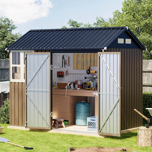 Breezz 6X8FT Outdoor Steel Storage Shed with Frame Floor,Clear Window, Lockable Doors, Weather-Resistant Metal Tool Shed for Garden, Backyard, Patio, and Utility Storage Brown