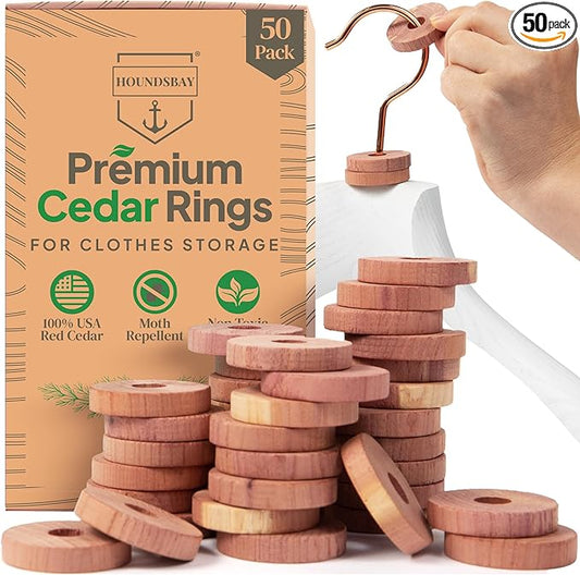 50 Cedar Rings for Clothes Storage & Closet Set - Cedar Planks & Balls for Clothes Storage - Drawer Freshener for Clothes with Cedar Rings for Hangers - Cedar Wood Chips for Clothes