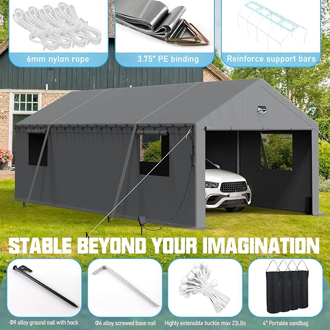 13x25 Carport Canopy, Heavy Duty Car Port, Portable Car Ports Garage with 2 Roll-Up Zipper Drive Through Doors, Grey