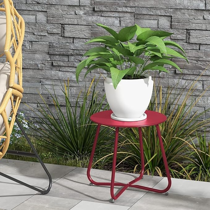 Dark Red Patio Side Table, 18" Weatherproof Steel Outdoor Indoor Side Table for Garden, Balcony, Pool & Tailgate, Rust-Resistant Lightweight Portable Patio End Table