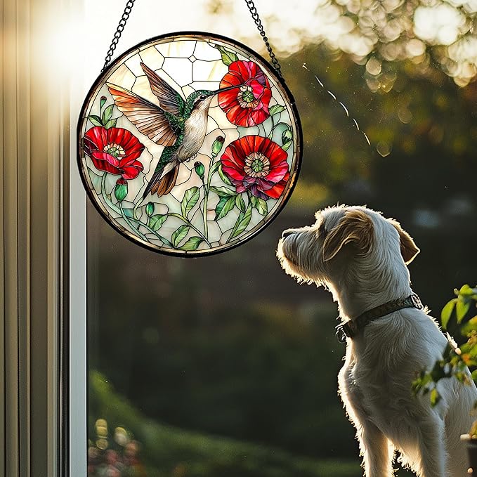 Stained Glass Window Hanging - Green Hummingbird Red Flower Suncatcher for Door Terrace Garden Home Decor Bird Landscape Sun Catcher Birthday Gifts for Lovers Women Men Dad Mom Nana 7.8 in
