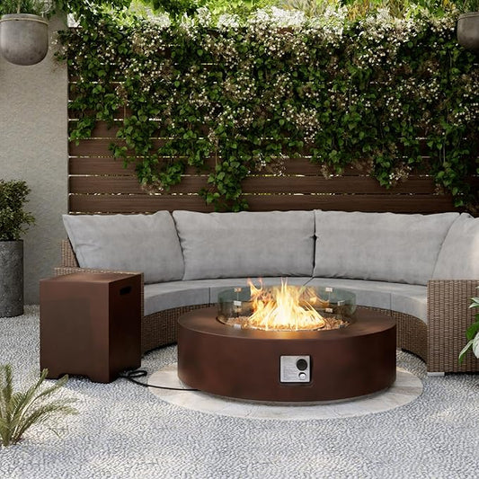 SUNBURY Outdoor Propane Fire Pit,CSA Certified,Dark Brown Patio Fire Table 50000 BTU w 20 Gallon Tank Cover, Glass Wind Guard, Waterproof Cover