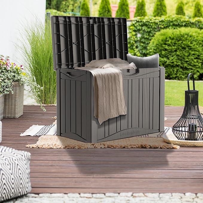 45 Gallon Deck Box, Resin Outdoor Indoor Waterproof Storage Box, Lockable Storage Box With Handle for Patio Furniture - Garden Tools - Swimming Pool Tools UV-Resistant, Brown