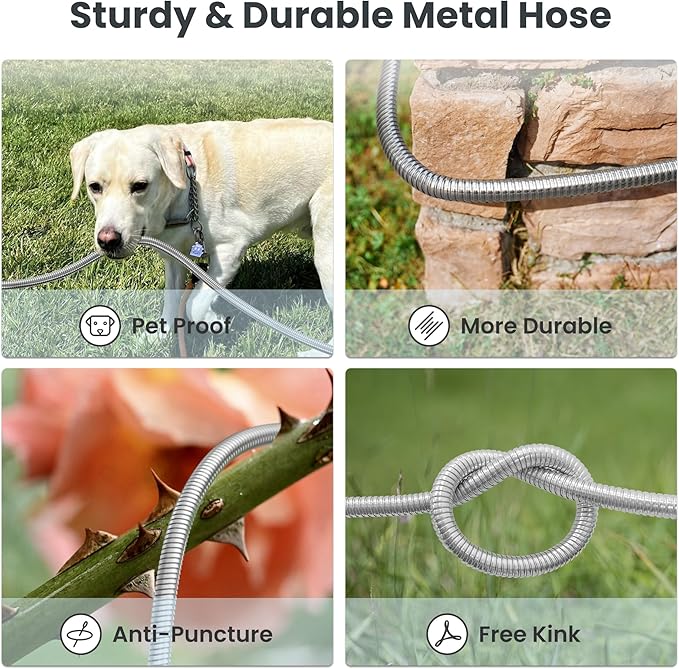 Giraffe Tools Garden Hose 50ft x 5/8", 304 Stainless Steel Metal Water Hose, No Kink Garden Water Hose with 9 Pattern Spray Nozzle, Flexible, Lightweight, Kink Free Hose for Yard, Outdoor