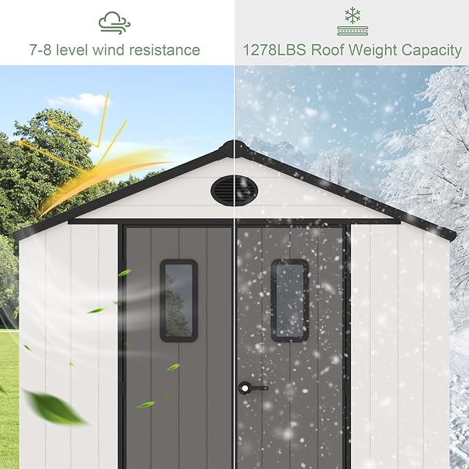 8' x 6' Outdoor Resin Storage Shed with Floor,Galvanized Metal Waterproof Garden Shed with Lockable Door, Windows, Vents, Plastic Tool, Bike Storage for Patio Furniture, Lawn Mower