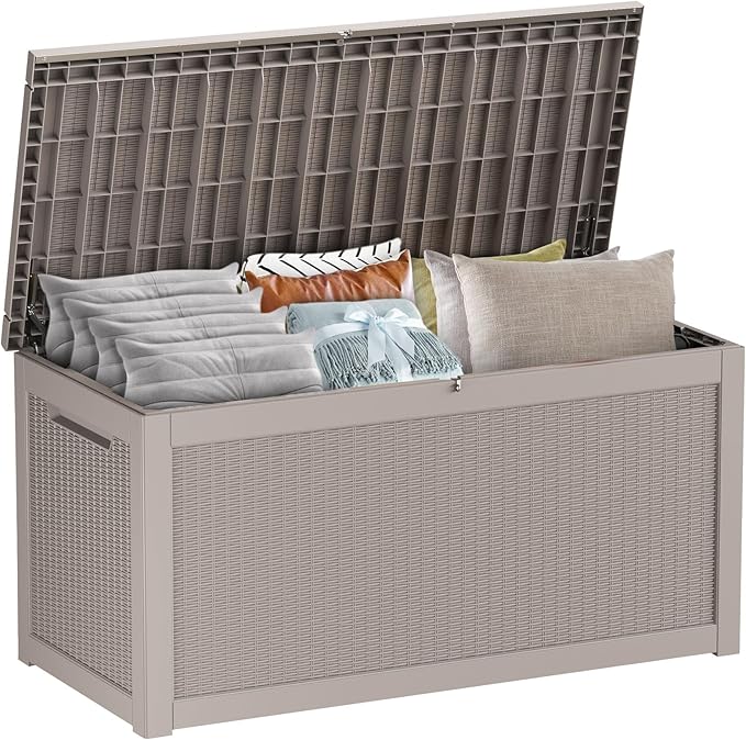 260 Gallon Large Deck Box,Resin Outdoor Storage Box with Lockable for Patio Furniture, Pool Accessories, Garden Tools Waterproof Outside Storage Box, Grey Pattern