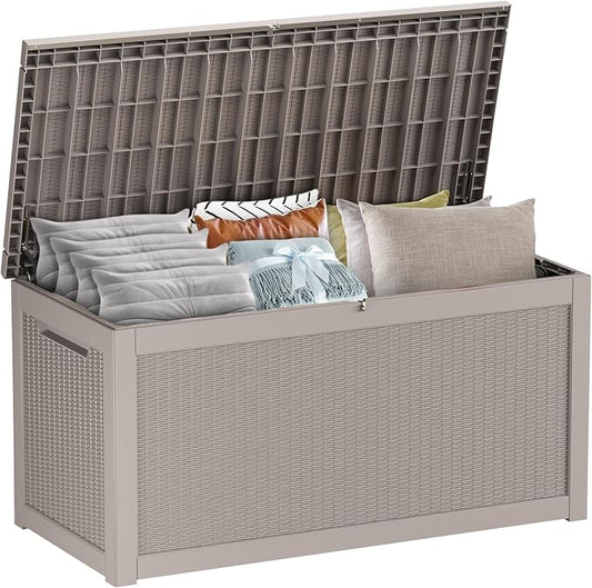 260 Gallon Large Deck Box,Resin Outdoor Storage Box with Lockable for Patio Furniture, Pool Accessories, Garden Tools Waterproof Outside Storage Box, Grey Pattern