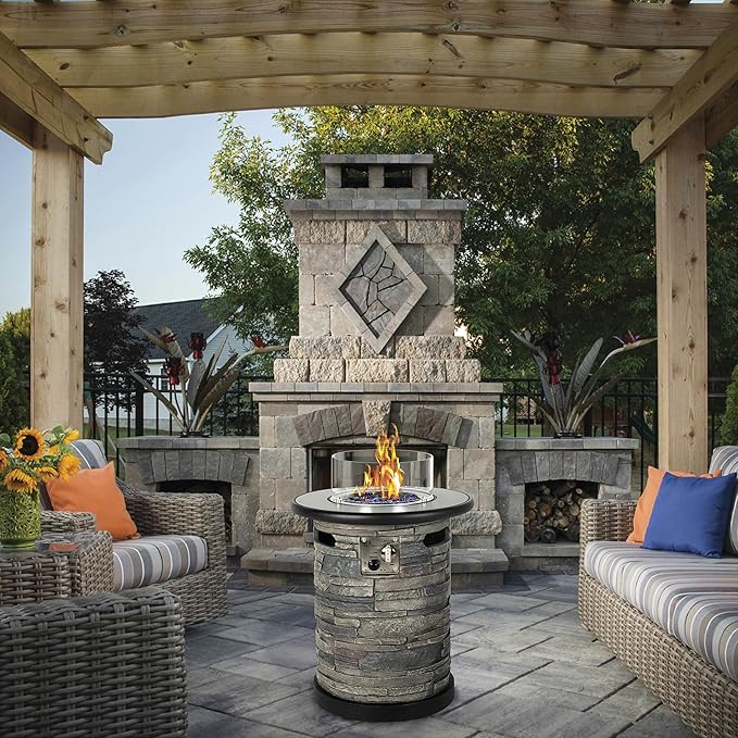 Outdoor Propane Fire Pit Table, Round Porcelain Tile Top 22" Fire Bowl Column W/ 40,000 BTU Firepit Table Auto-Ignition 400D Cover Glass Rocks for Outside Patio