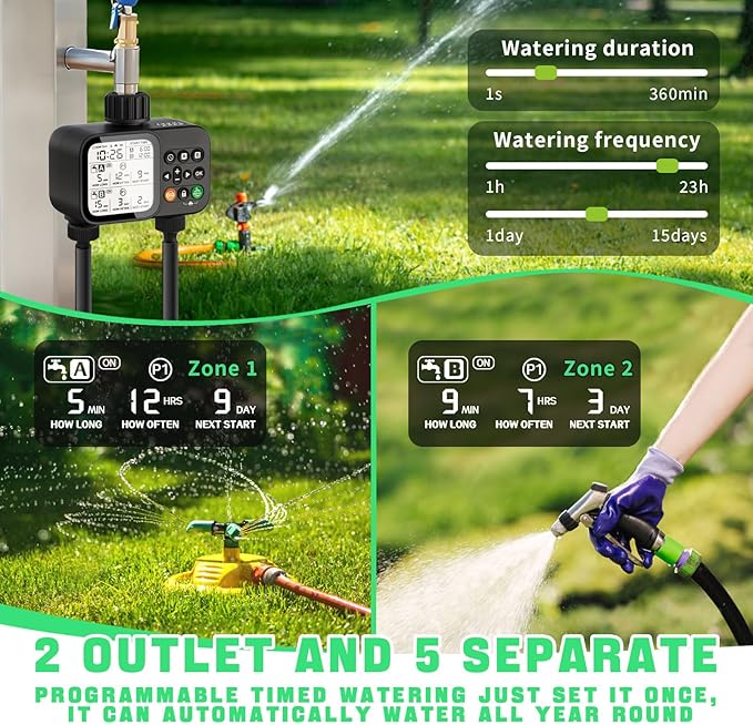 2 Zone Sprinkler Timer for Garden Hose, 8 Programmable Hose Water Timer with Auto Rain Delay, 3.3“ Large LCD Display Digital Irrigation System for Plant, Yard, Lawns, Outdoor