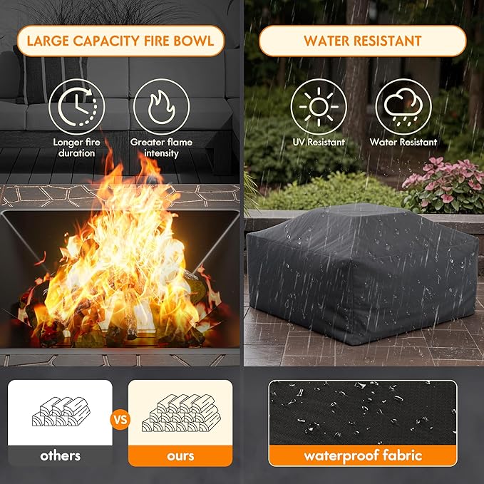 Flamaker Outdoor Fire Pit 32 Inch Firepit Tables Backyard Mutifunctional Square Metal Stove Wood Burning with Cover Poker for Patio, Camping, Bonfire (Copper)