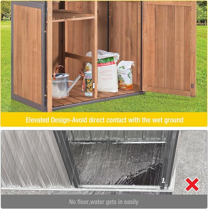 Outdoor Storage Shed,Vertical Wooden Tool Shed with Waterproof Roof,Adjustable 3 Tiers Shelves,Storage Tool Cabinet Box with Metal Frame Sloped Roof for Backyard Garden Patio Lawn (Brown)