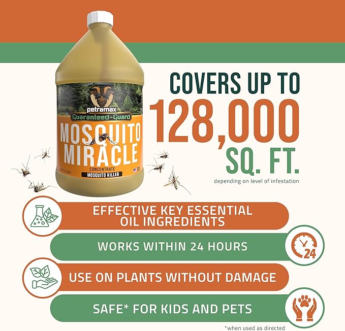 PetraMax Miracle Outdoor Mosquito Spray for Yard Pet Safe Concentrate 1 Gal (Makes up to 32 Gallons) - Mosquito Fogger Liquid Concentrate Tested to Kill - Fogger Machine Spray Lawn Treatment for Pests