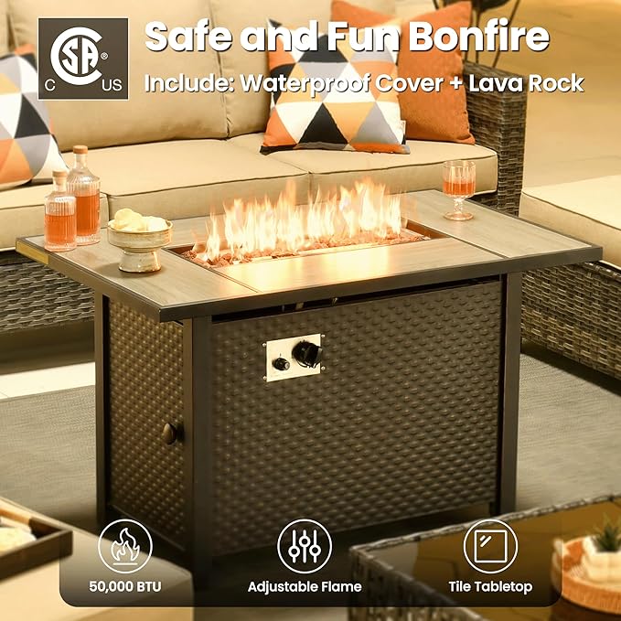 ovios 7 Pieces Patio Furniture Set, Outdoor Wicker Sofa Couch with Rocking Swivel Chairs Fire Pit Table, Modern Deep Seat Rattan Conversation Sets for Porch Deck, Beige