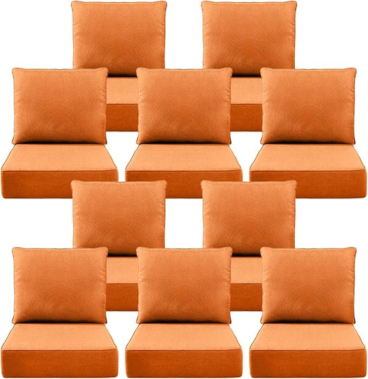 Luxury 6" Outdoor Cushions for Patio Furniture, 24x24x6 Thick Seat Cushion Set of 10, Fade Resistant Couch Chair Replacement Cushions High Density Wicker Chair Cushion w/Removable Cover, Orange