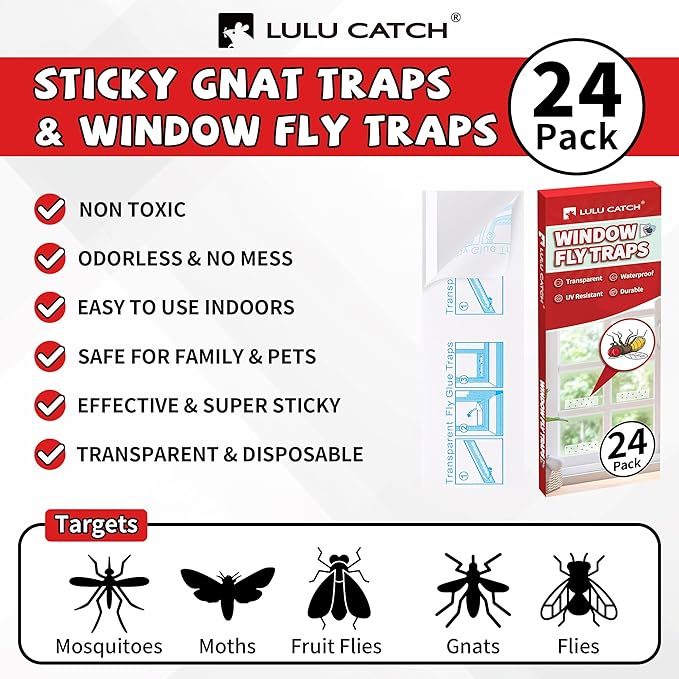 LULUCATCH Window Fly Traps, 24 Pack Fruit Fly Traps for Indoors, Sticky Gnat Traps Fly Catcher, Non-Toxic Flying Insect Trap, Pet Safe Pest Control for Home, Kitchen & Garage