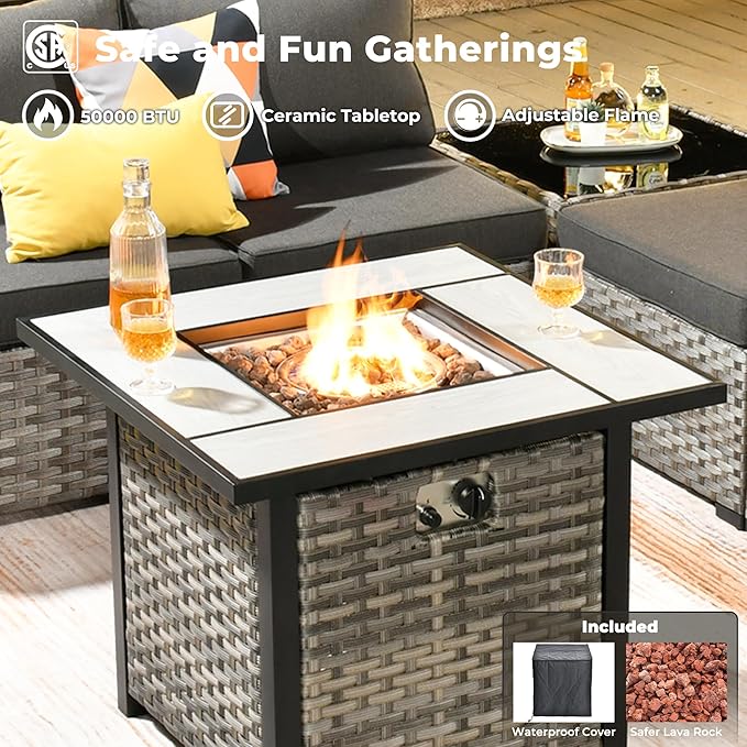 ovios 7 Pieces Patio Furniture Set, Outdoor Wicker Sectional Sofa with 30 Inch Fire Pit Table Comfy Cushions, Modern Modular Deep Seat Rattan Couch Conversation Set, Black