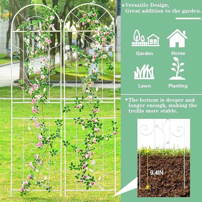 Sungmor Metal Trellises for Climbing Plants, Overall 20 Inch Width & 82.5 Inch Tall, 2PC White Pack, Decorative Retro Style Trellis Fence Panels, Garden Plant Support, Flower Rose Climbing Rack