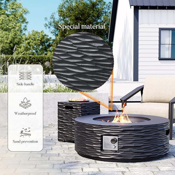 Cosiest Propane Fire Pit with Tank Cover for Outside, 35 in Round Gas Fire Pits for Outdoor Patio, CSA Certified, 50000 BTU Concrete Rectangle Base with Rain Cover, Free Lava Rocks
