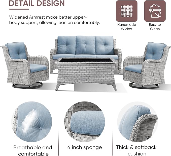 Patio Furniture 4 Piece, All-Weather PE Wicker Outdoor Furniture Set with Coffee Table,Outdoor Patio Furniture with Swivel Rocker Chairs and Outdoor Sofa, White Grey/Blue