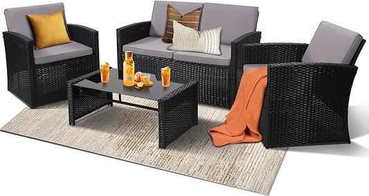 4 Pieces Patio Conversation Set, Outside Rattan Sectional Sofa, Cushioned Furniture Set, Wicker Sofa Ideal for Garden, Porch, Backyard, Black Color Rattan and Light Grey Cushion