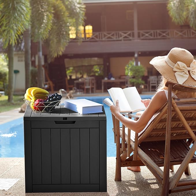 YITAHOME 31 Gallon Outdoor Storage Deck Box, Waterproof Resin Package Delivery and Storage Box with Lockable Lid for Patio Furniture Cushions, Pool Accessories, Garden Tools, Black