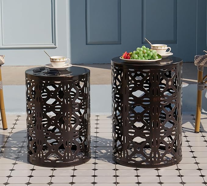 HFHOME Set of 3 Metal Outdoor Side Table, Nesting Round Coffee Table for Indoor Outdoor, Heavy Duty End Tables Plant Stand Living Room Garden Stool - Bronze