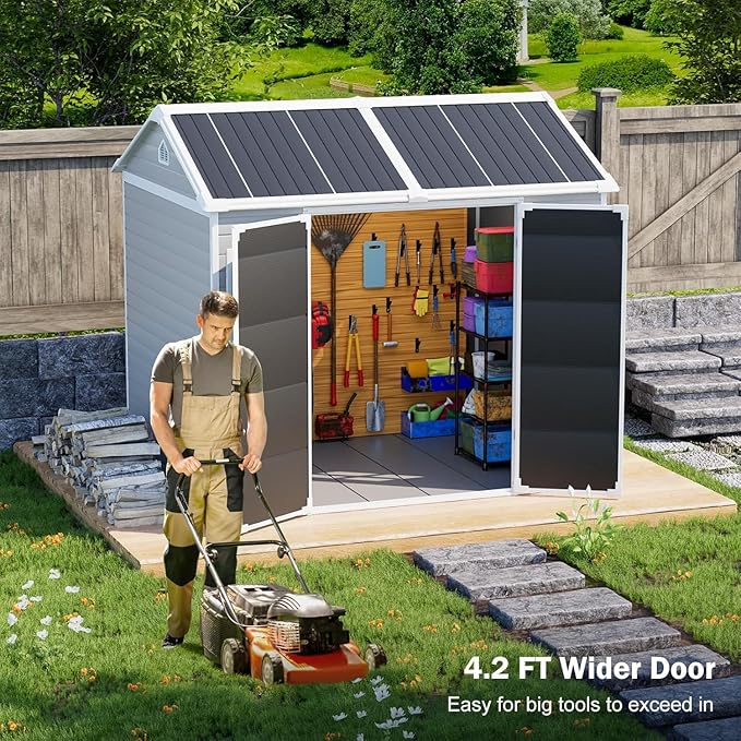 8x6 FT Resin Storage Sheds with Floor and Adjustable Openable Windows, Large Waterproof Garden Sheds with Base, Outside Plastic Sheds with 2 Windows for Backyard Garden Patio Lawn Tools Storage, Gray