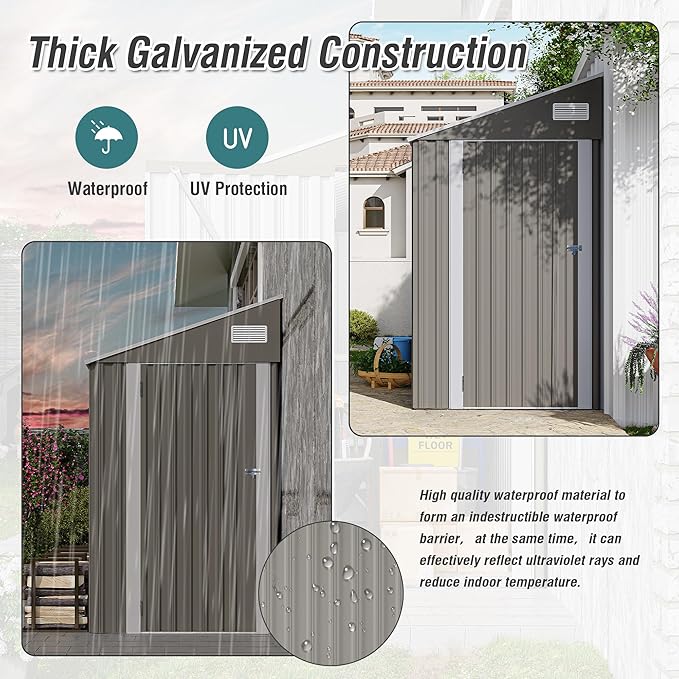 4x8 ft Lean to Shed, Outdoor Storage Shed with Lockable Door and Vents, Metal Storage Shed with 6 Vents, Outside Garden Tool Shed for Backyard, Patio, Wall Side Design (Dark Grey)